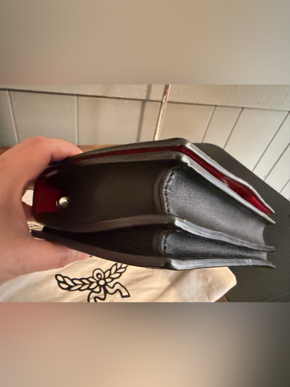 MCM Black Leather Studded with Swarovski Crystals Crossbody with Silver Chain - Picture 5 of 16